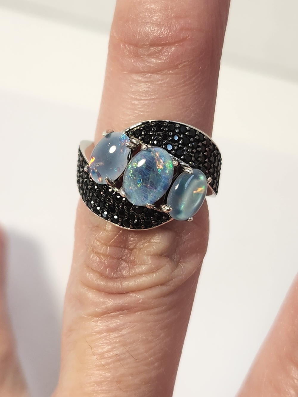 NIB VTG 925 Natural Opal Triplet Stone Black Spinel Pave Accents Ring Sz 5 - Picture 12 of 14